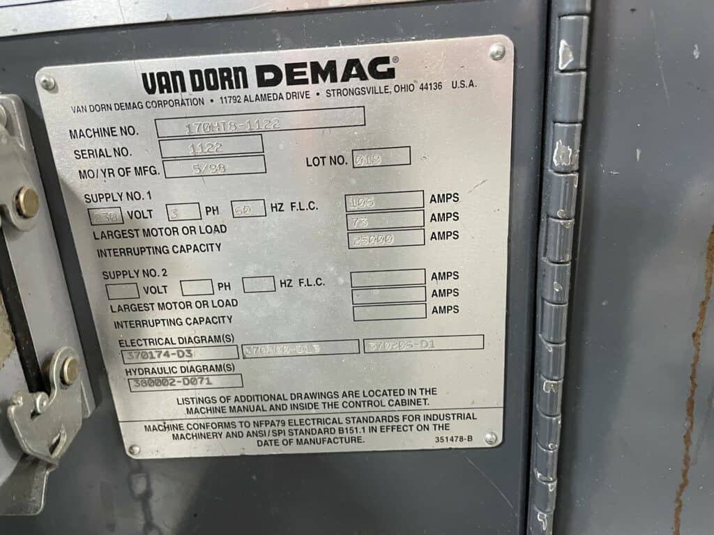 Used Van Dorn 170HT8-1122 Injection Molding Machine For Sale