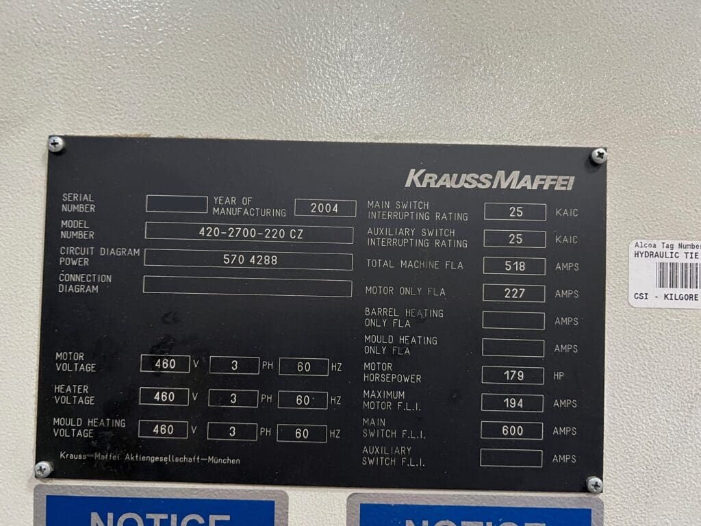 Used Krauss Maffei KM420-2700-220 C3 WEN Injection Molding Machine for Sale