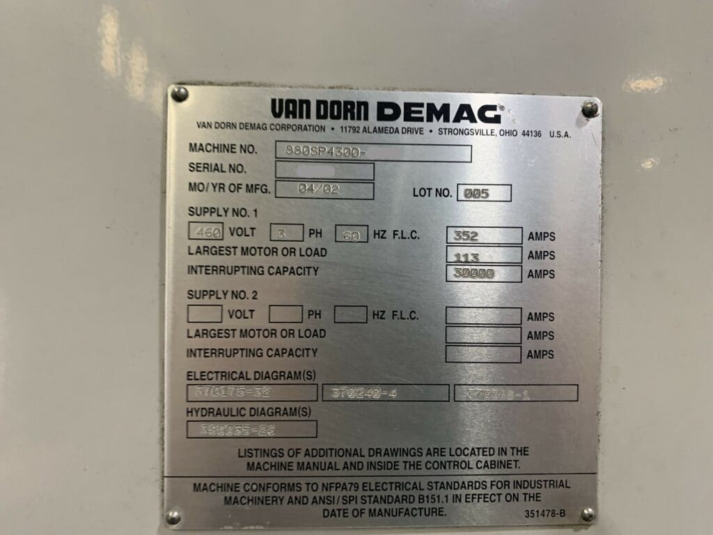 Used Van Dorn Spectra 880SP4300 Injection Molding Machine For Sale
