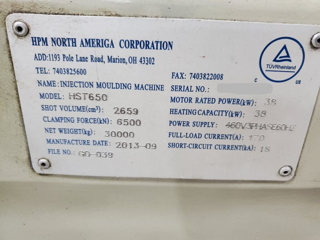 Used HPM HST650 Injection Molding Machine For Sale