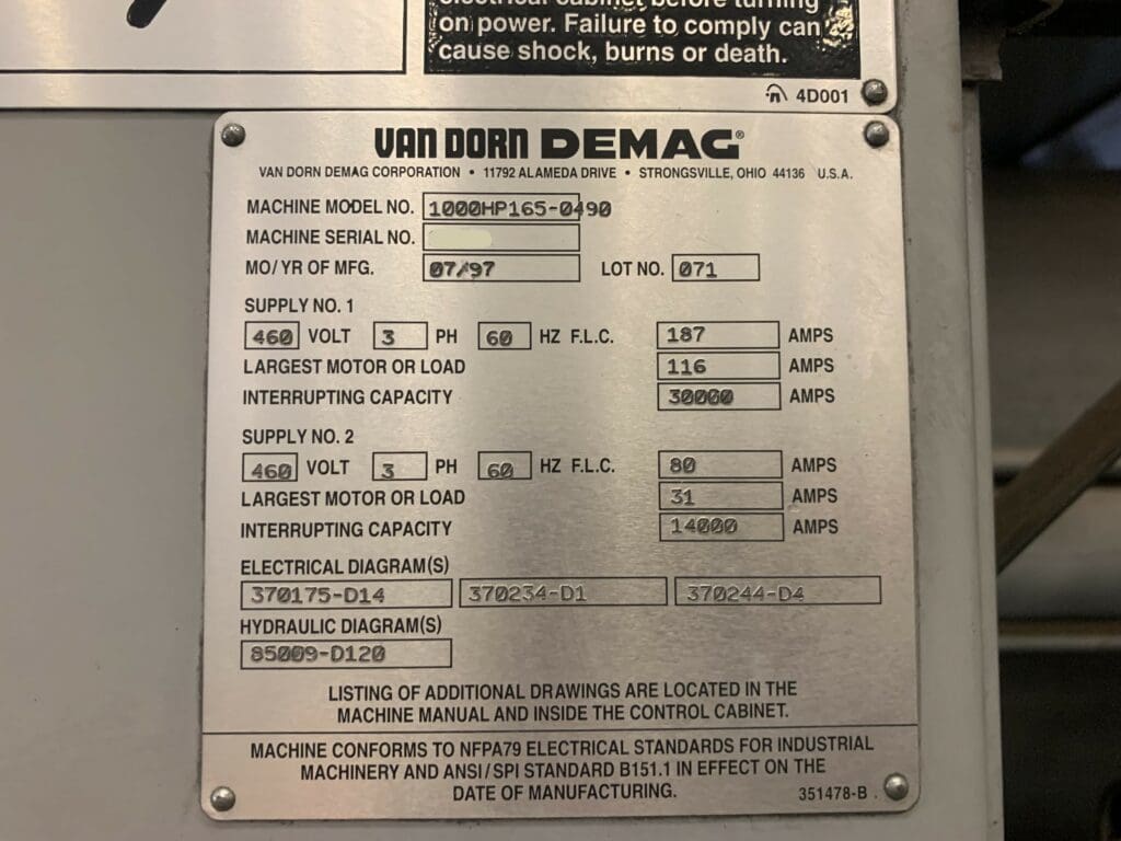 Used Van Dorn 1000HP-165 Injection Molding Machine For Sale