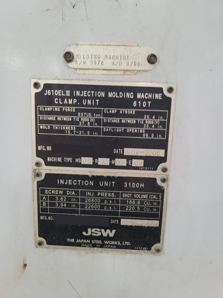 Used JSW J610 ELIII Injection Molding Machine For Sale
