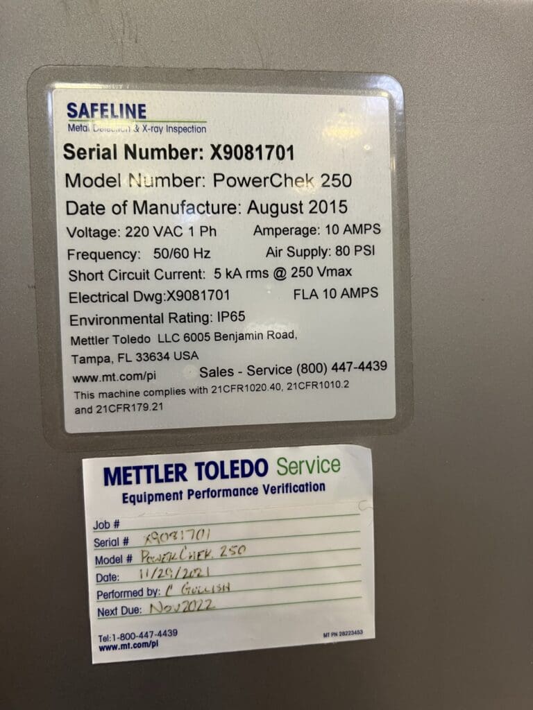2015 Mettler Toledo Safeline PowerChek 250 Process Equipment, photo 11 of 13