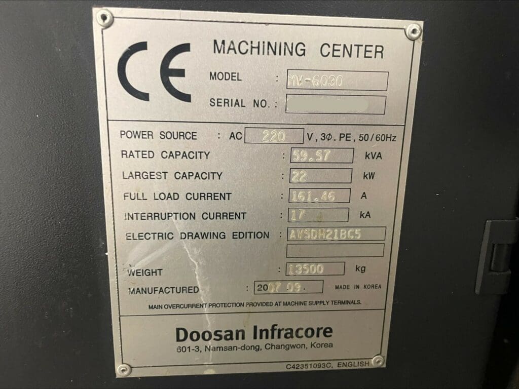 Used Doosan MV-6030 CNC Vertical Machining Center For Sale