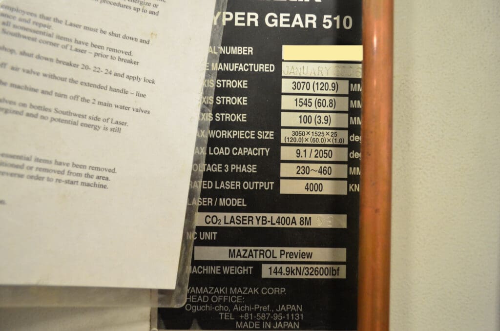 Used Mazak HyperGear 510 CNC Laser For Sale