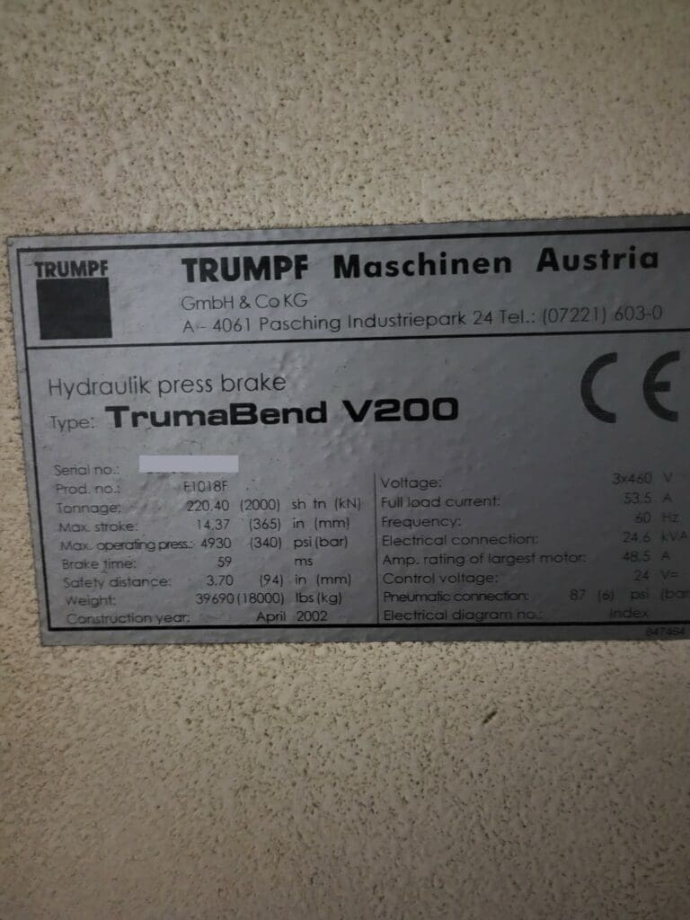 Used Trumpf TrumaBend V200 Press Brake For Sale