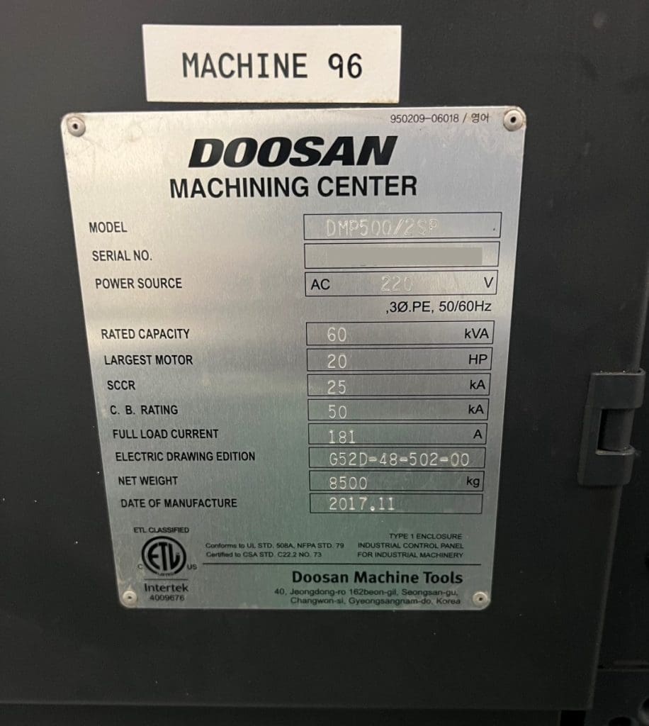 Used Doosan DMP 500/2SP CNC Vertical Machining Center For Sale