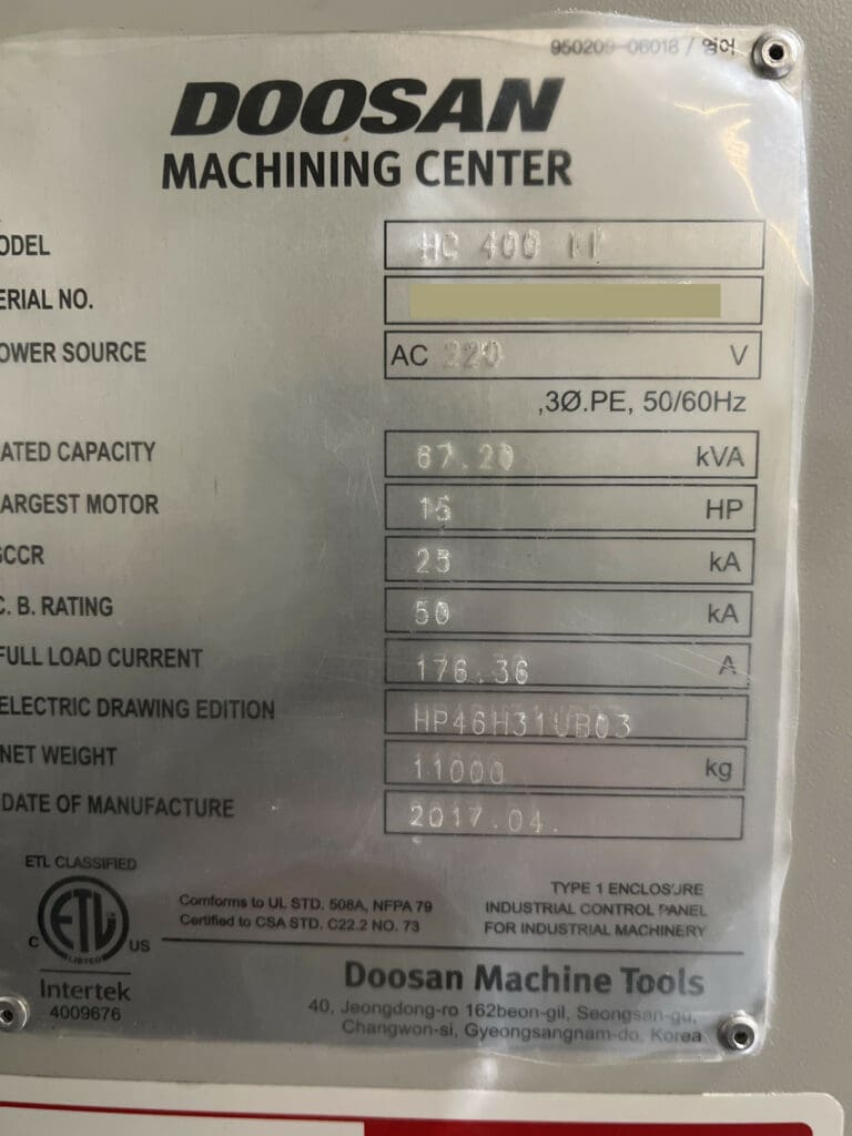Used Doosan HC 400 II CNC Horizontal Machining Center For Sale