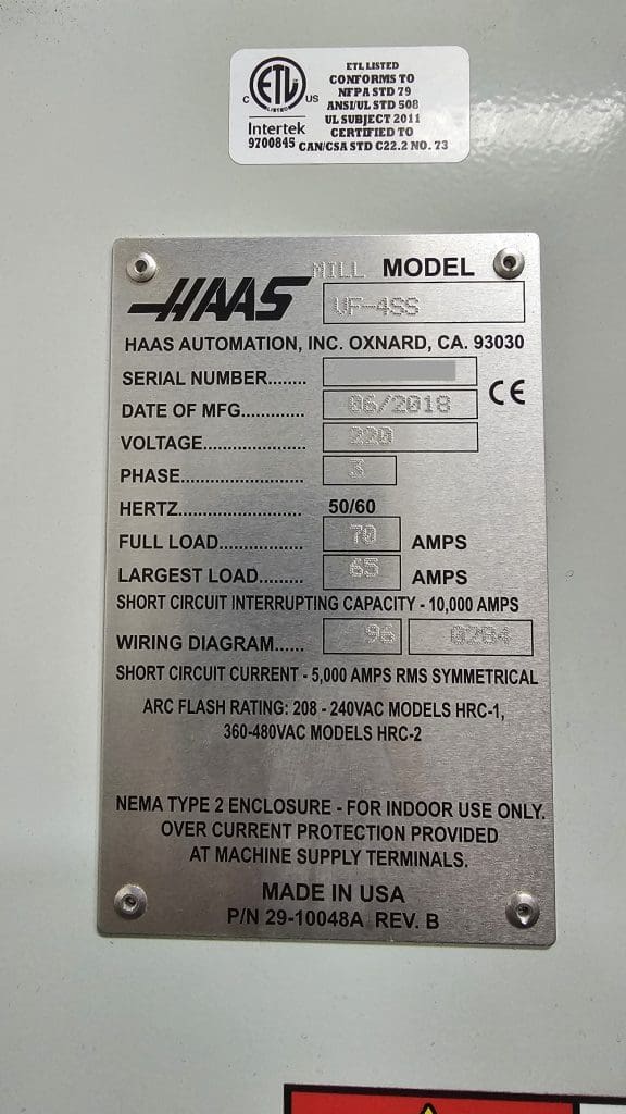 2018 Haas VF-4SS CNC Vertical Machining Center, photo 8 of 8