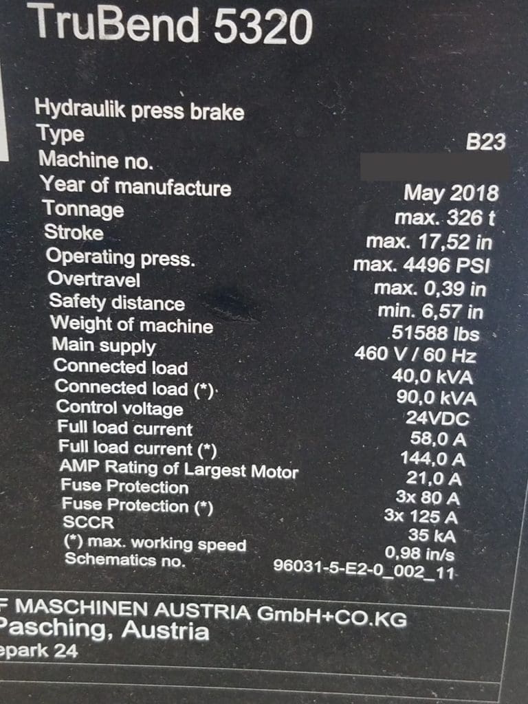 Used Trumpf TruBend 5320 Press Brake For Sale