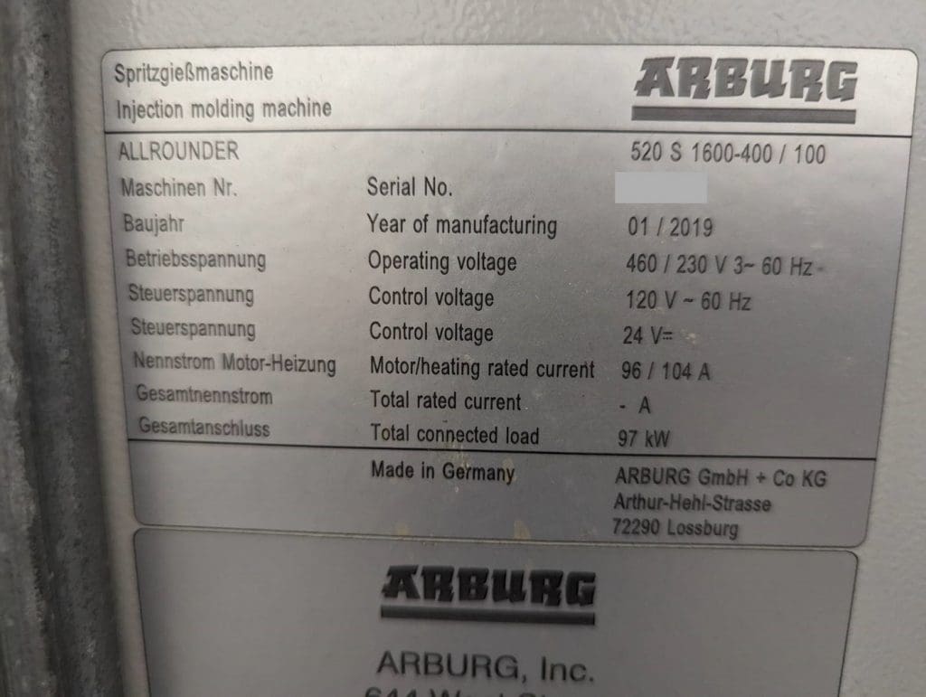 Used Arburg 520S 1600-400/100 Injection Molding Machine For Sale