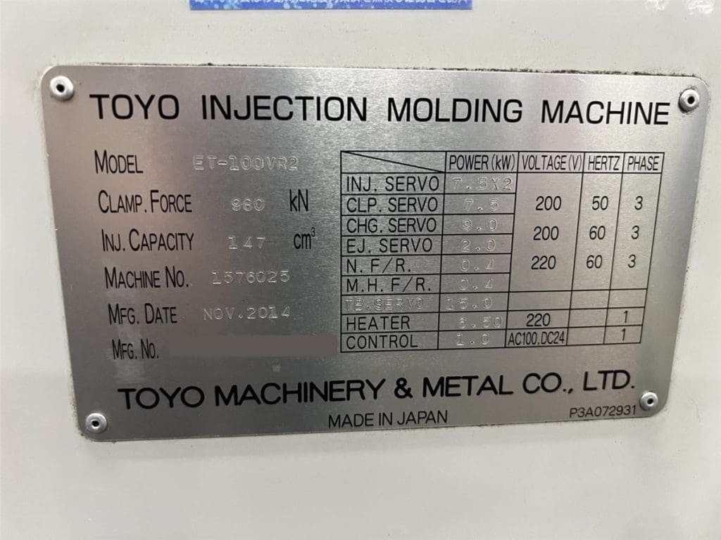 Used Toyo ET-100VR2 Injection Molding Machine for Sale