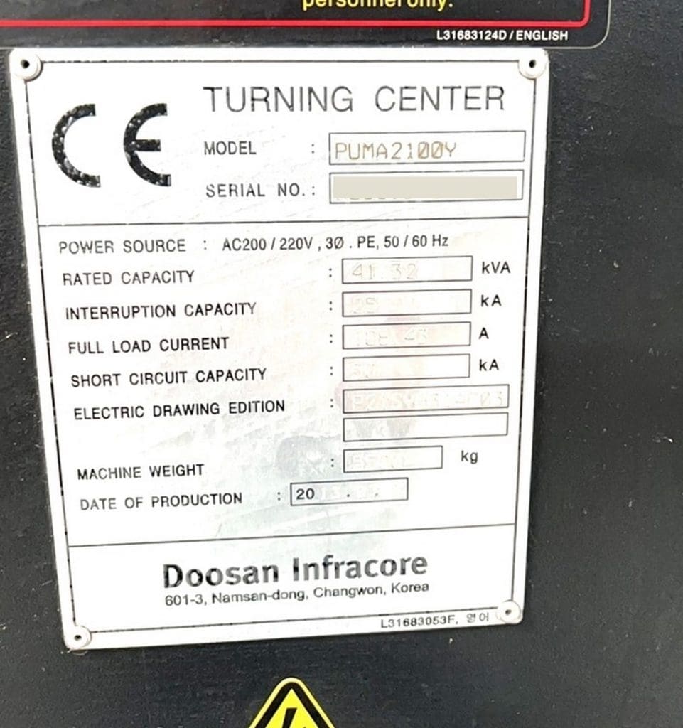 Used Doosan Puma 2100Y CNC Lathe For Sale