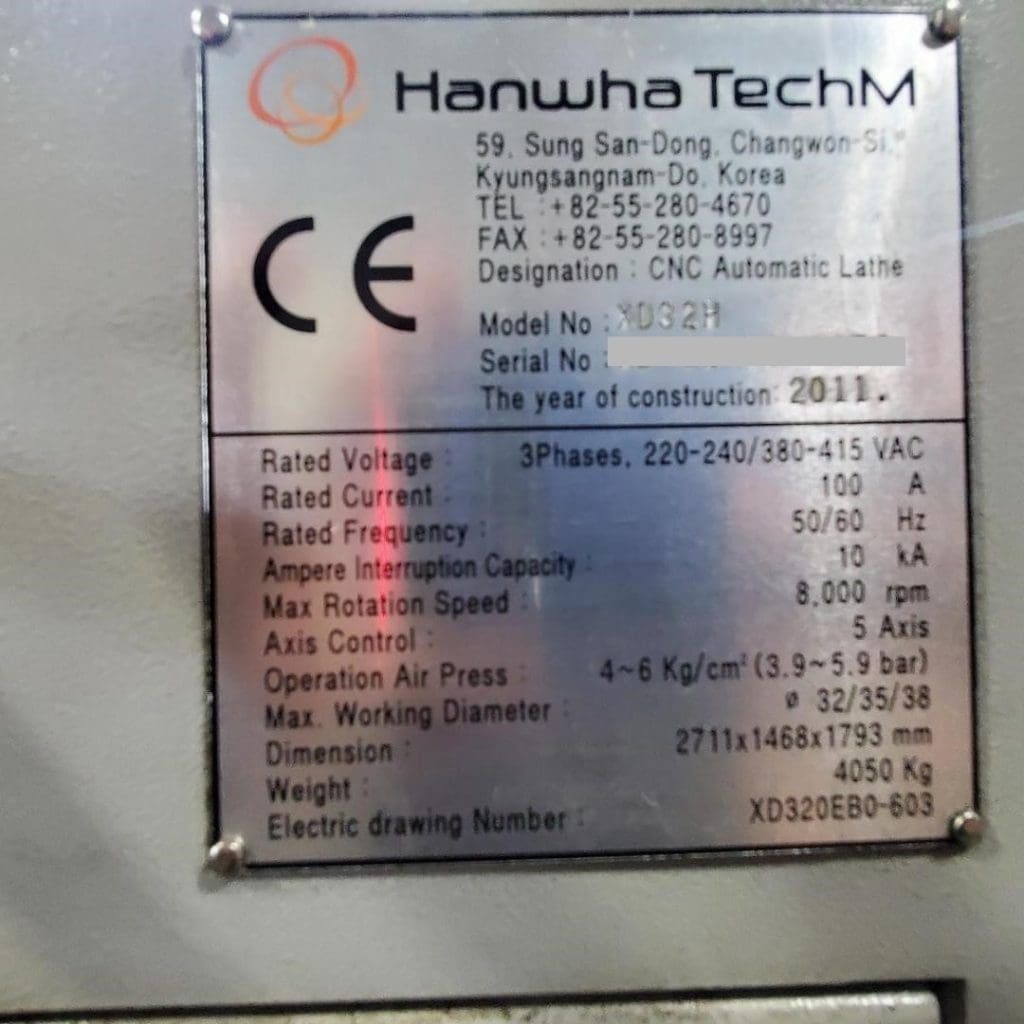 Used Hanwha XD32H CNC Swiss Lathe For Sale