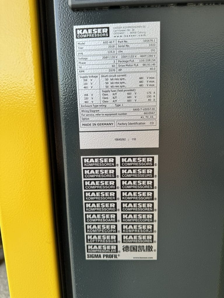 2018 Kaeser ASD 40 T Compressor, photo 6 of 8