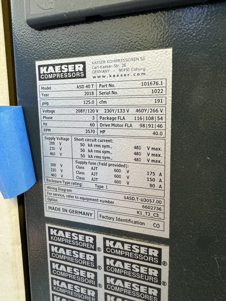 2018 Kaeser ASD 40 T Compressor, photo 6 of 7