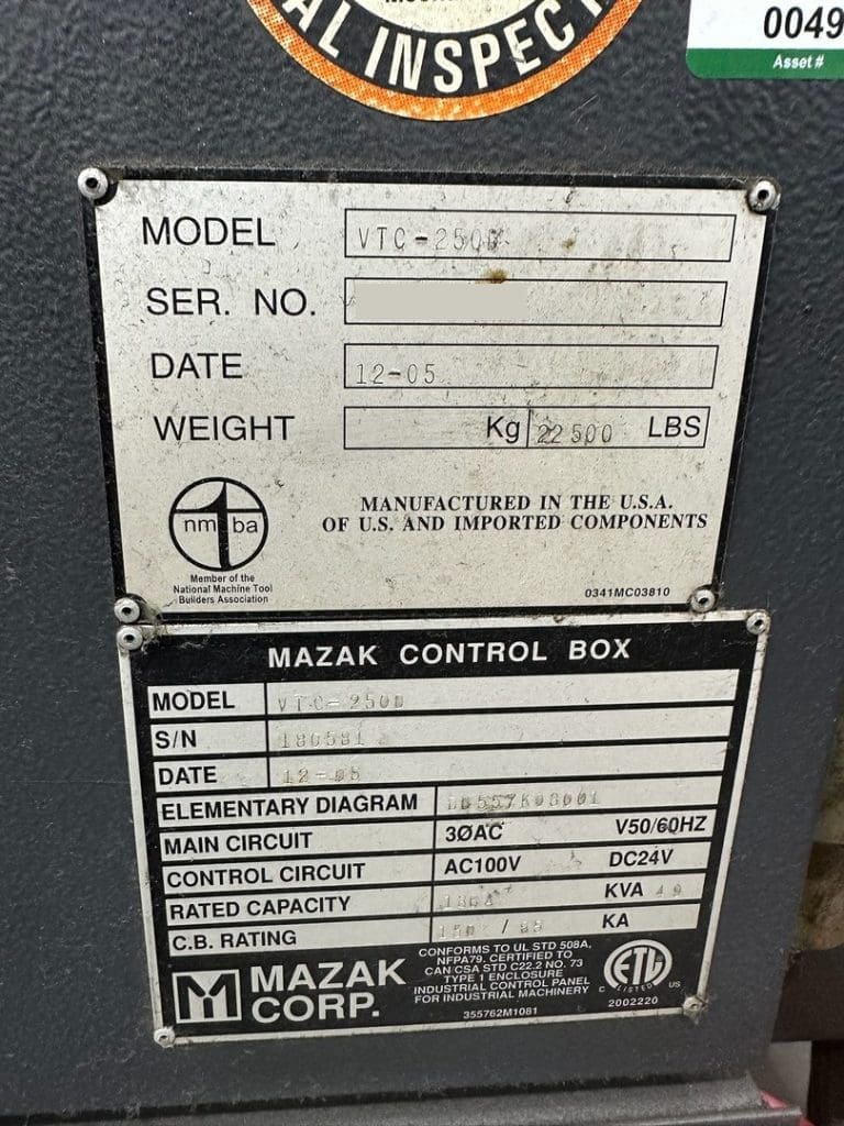 Used Mazak VTC-250D/50 CNC Vertical Machining Center For Sale