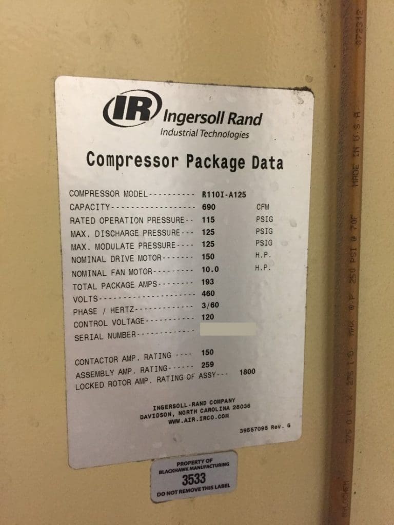 Used Ingersol Rand R110I-A125 Air Compressor For Sale