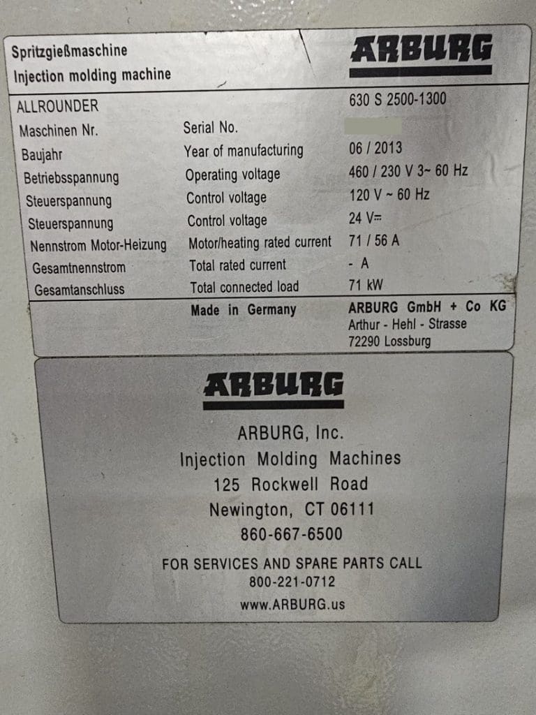Used Arburg 630S 2500-1300 Injection Molding Machine For Sale
