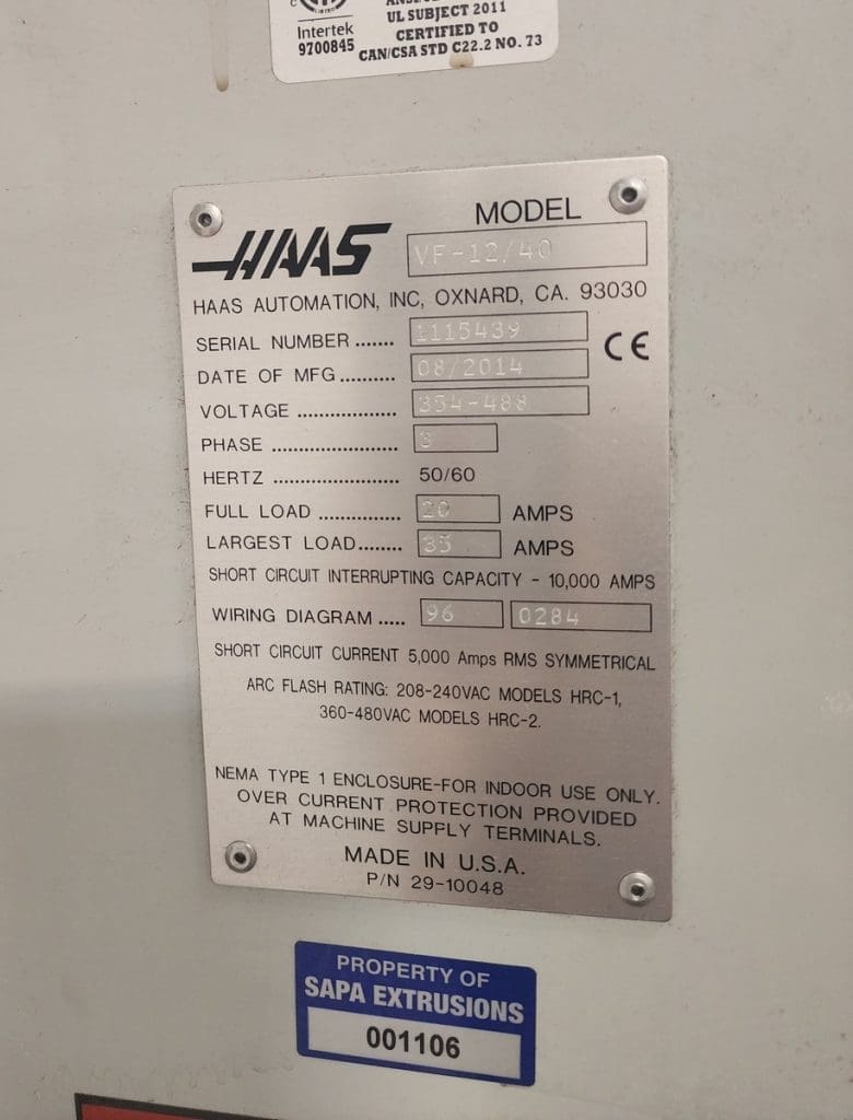 Used Haas VF-12 CNC Vertical Machining Center For Sale