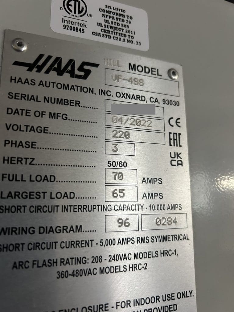 Used Haas VF-4SS CNC Vertical Machining Center For Sale