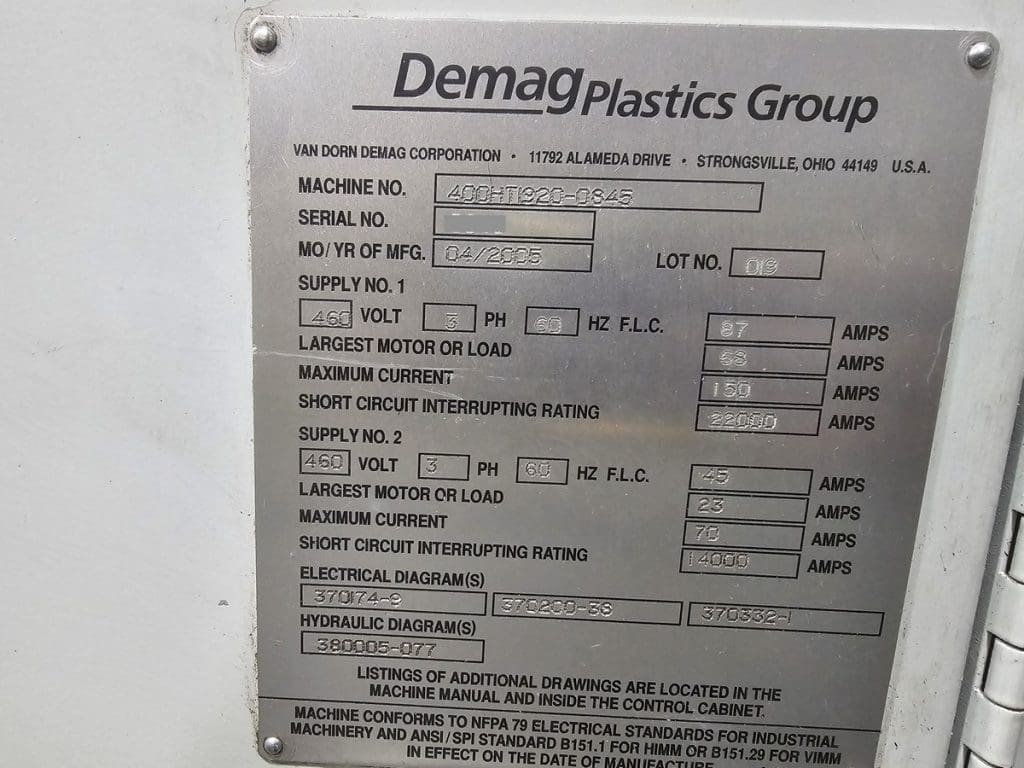 Used Van Dorn 400HT1920 Injection Molding Machine For Sale