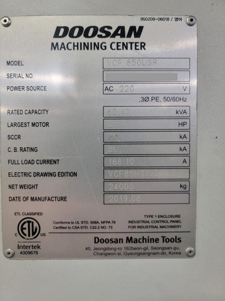 Used Doosan VCF-850LSR CNC Vertical Machining Center For Sale