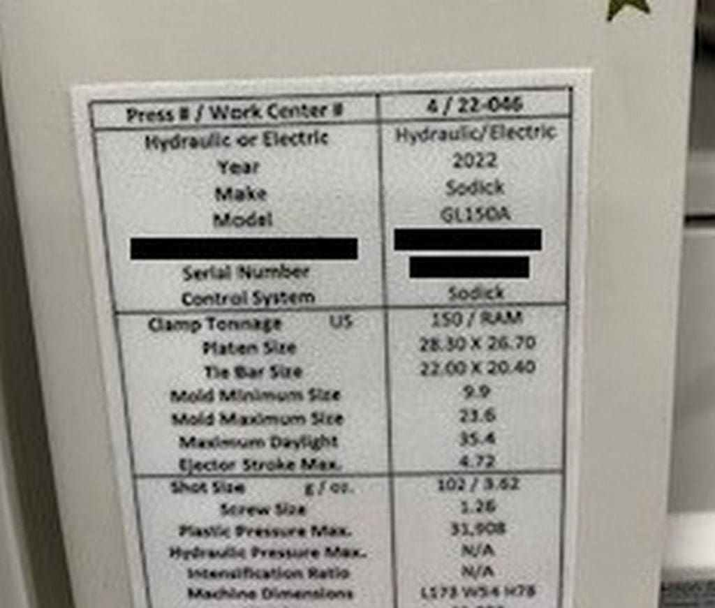 Used Sodick GL150A Injection Molding Machine For Sale