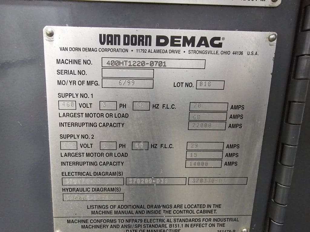 Used Van Dorn 400HT1220 Injection Molding Machine For Sale