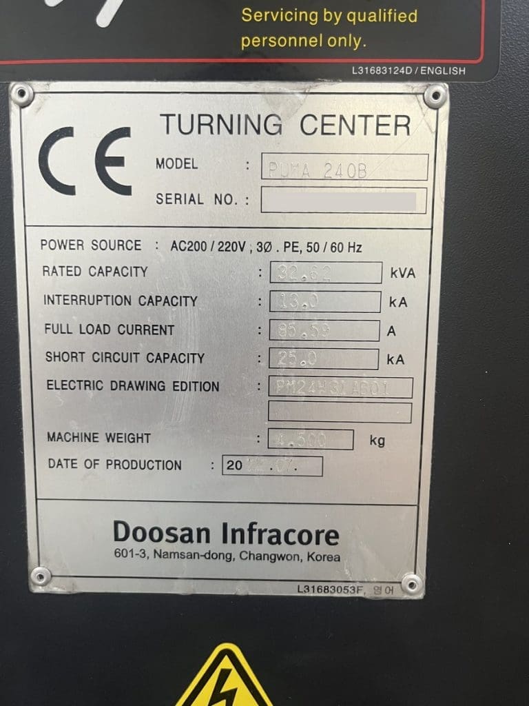 Used Doosan Puma 240B CNC Lathe For Sale
