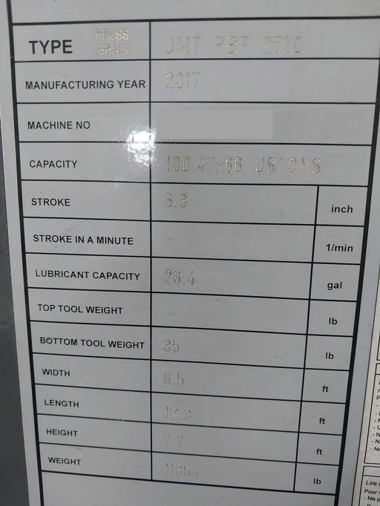 Used JMT PBF 2560 Press Brake For Sale