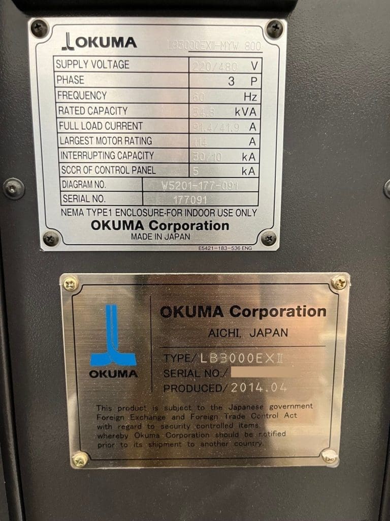 Used Okuma Space Turn LB3000 EXII-MYW 800 CNC Lathe For Sale