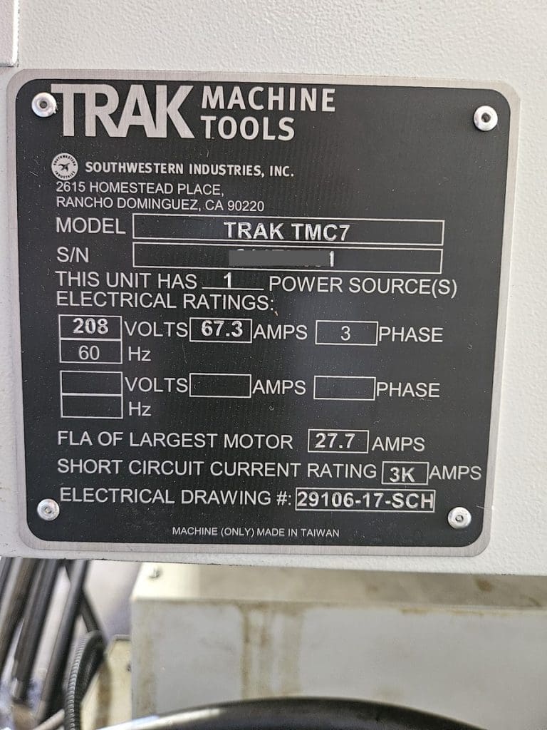 Used Trak TMC7 CNC Vertical Machining Center For Sale