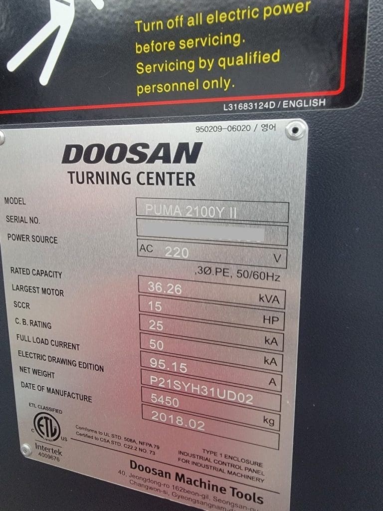 Used Doosan Puma 2100Y CNC Lathe For Sale