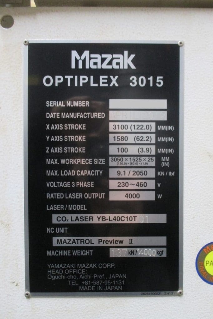 Used Mazak Optiplex 3015 CNC Laser For Sale