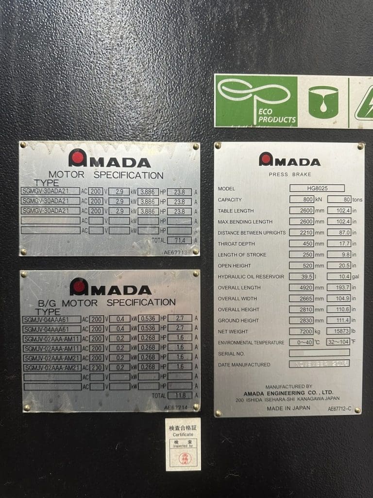 Used Amada HG 8025 Press Brake For Sale