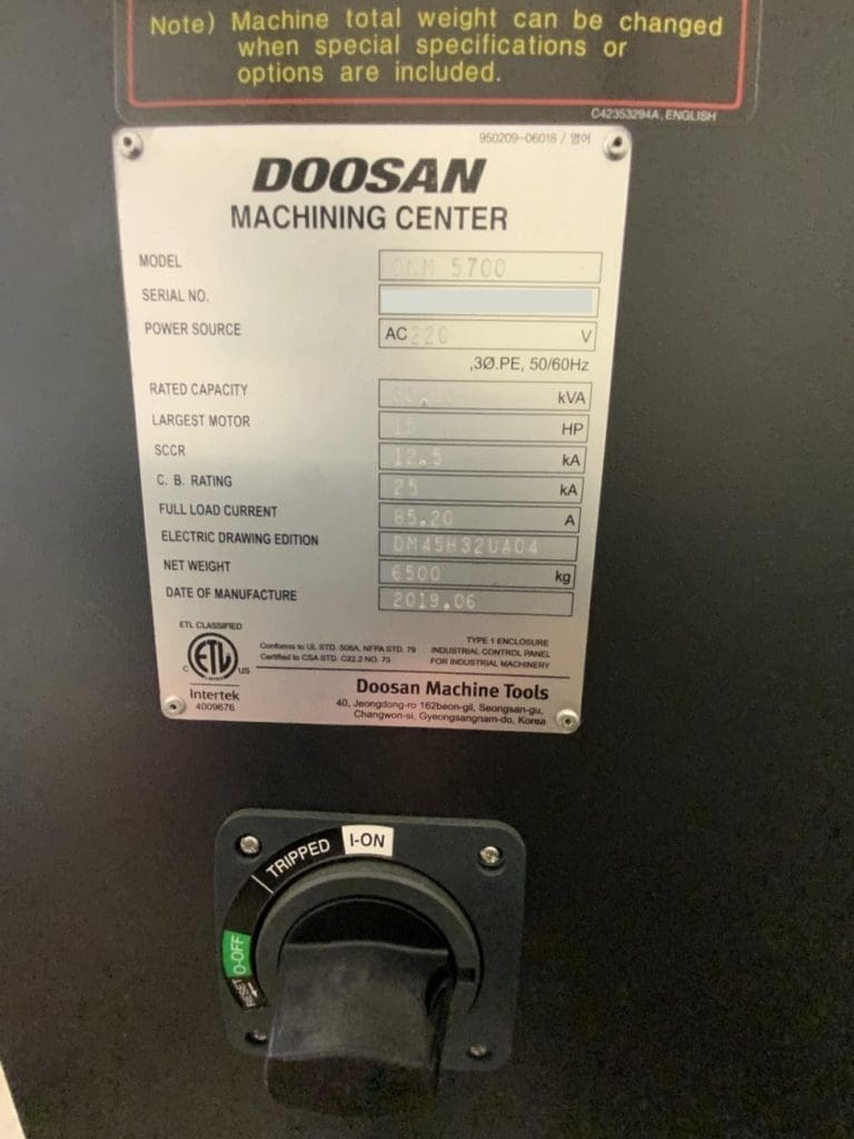Used Doosan DNM 5700 CNC Vertical Machining Center For Sale