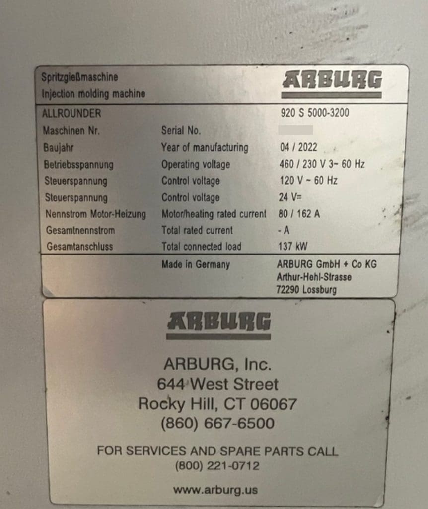 Used Arburg 920S 5000-3200 Injection Molding Machine For Sale