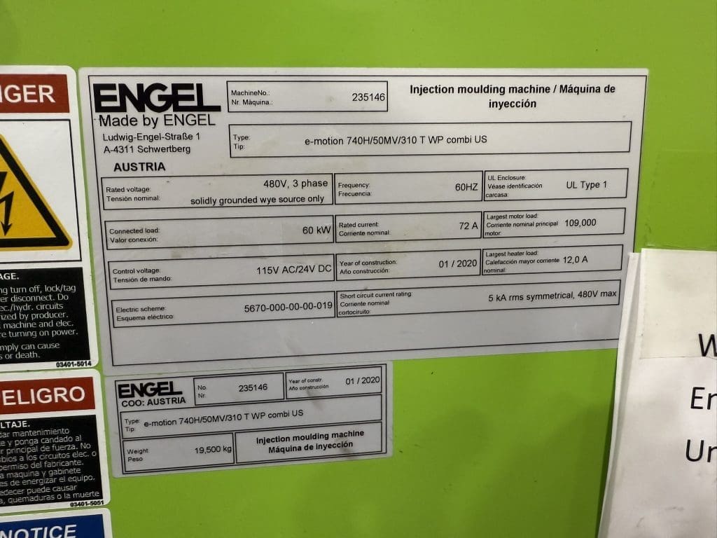Used Engel e-motion 740H50MV310 T WP combi US Injection Molding Machine For Sale