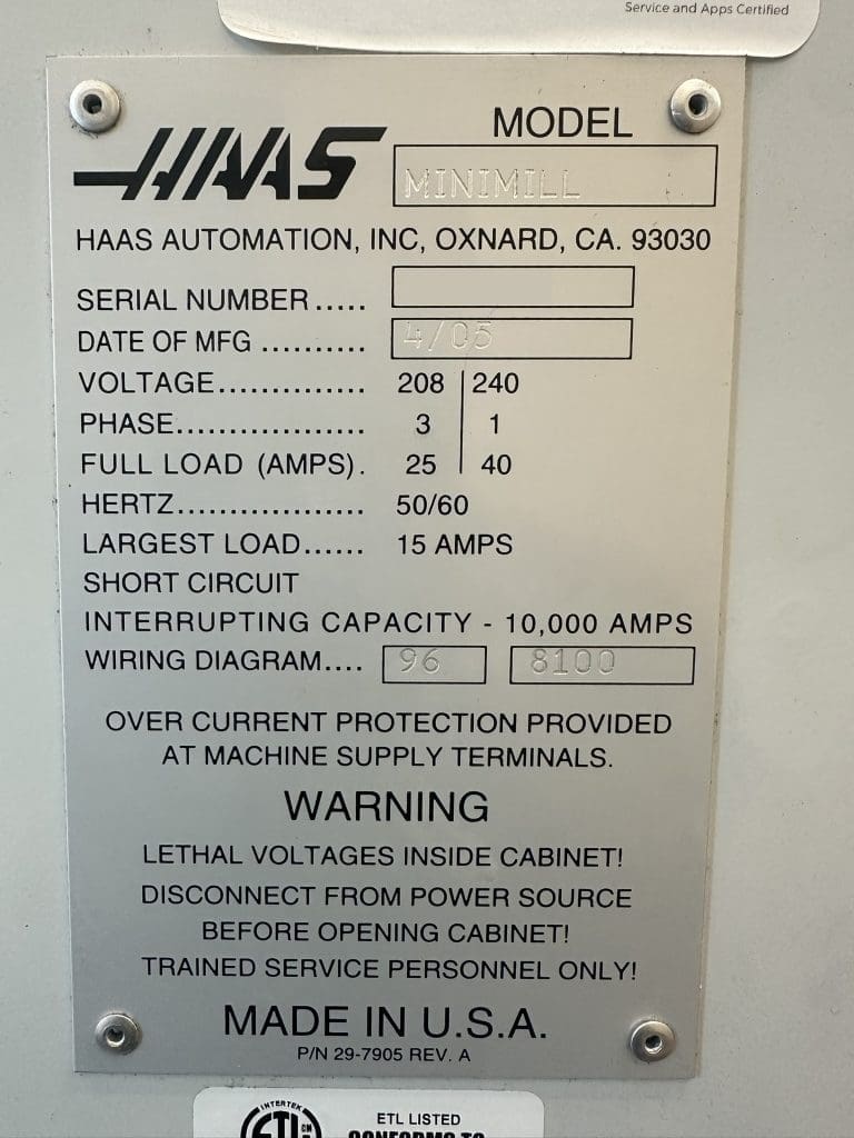 Used Haas Mini Mill CNC Vertical Machining Center For Sale