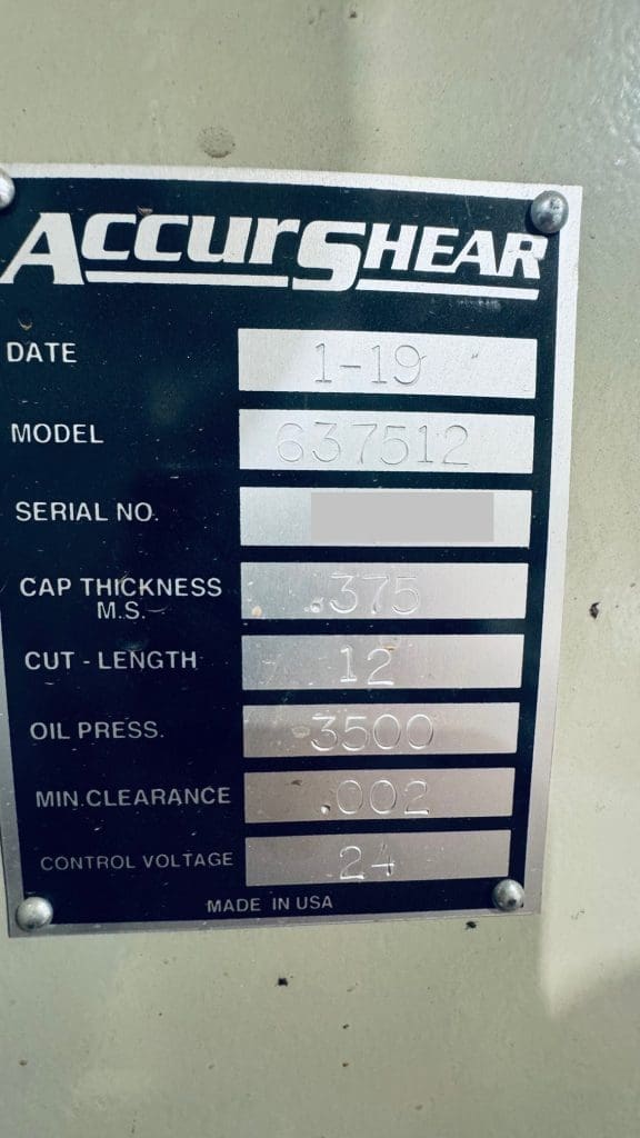 Used Accurshear 637512 Shear For Sale
