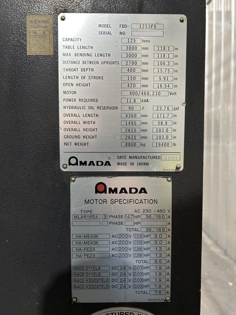 Used Amada FBD 1253FS Press Brake For Sale