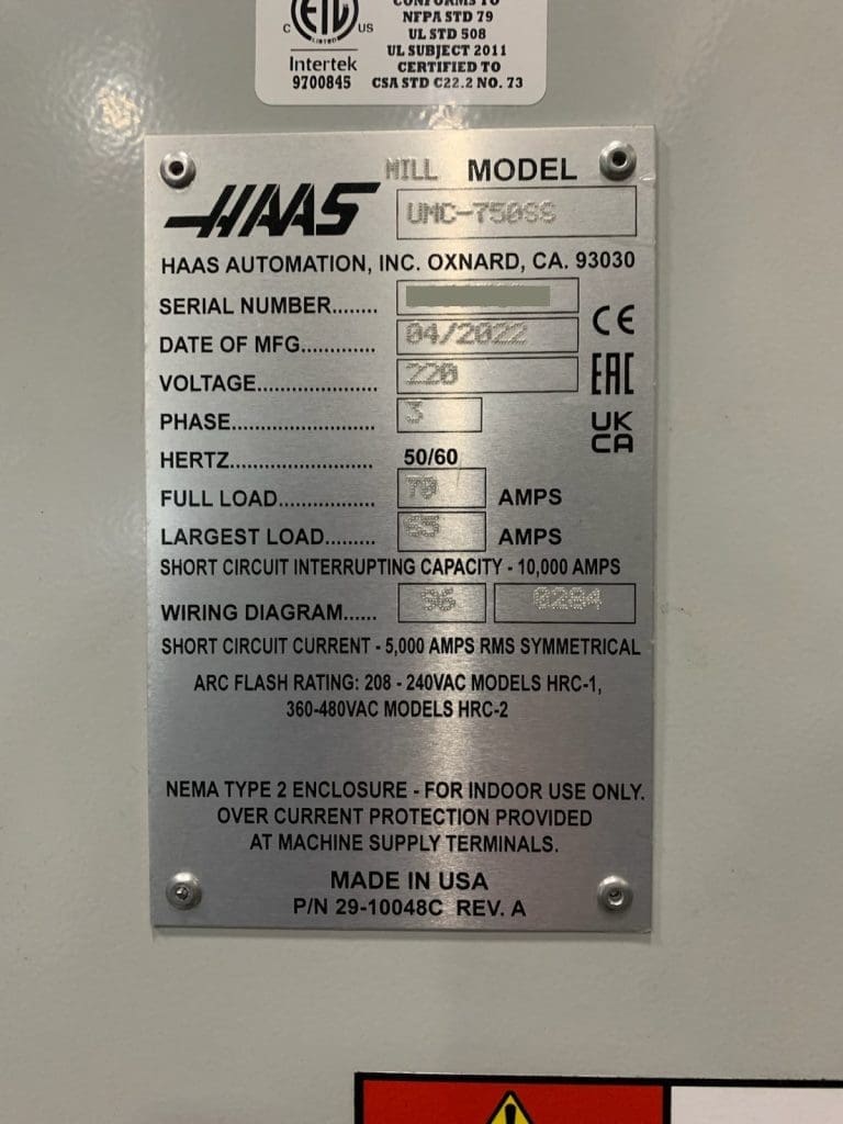 Used Haas UMC-750SS CNC Vertical Machining Center For Sale