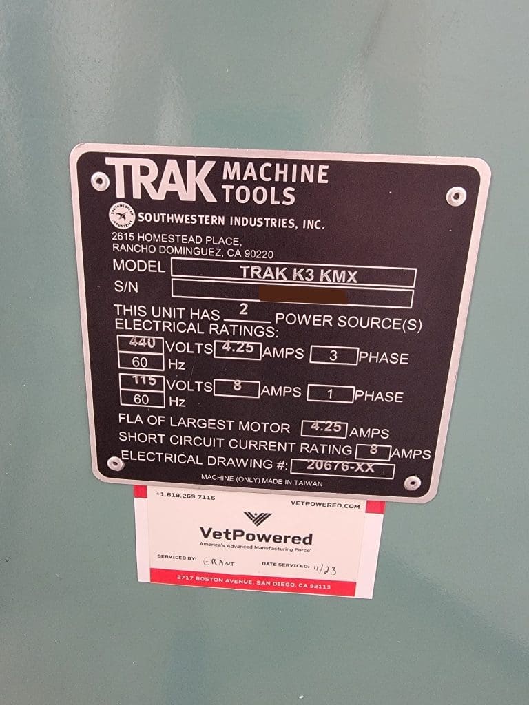 Used Trak K3 KMX CNC Vertical Machining Center For Sale