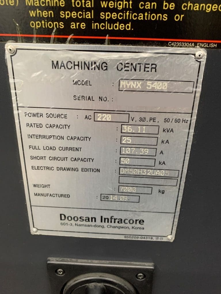 Used Doosan Mynx 5400 CNC Vertical Machining Center For Sale
