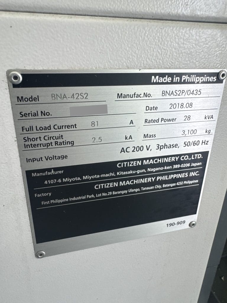 Used Citizen Miyano BNA-42S2 CNC Lathe For Sale