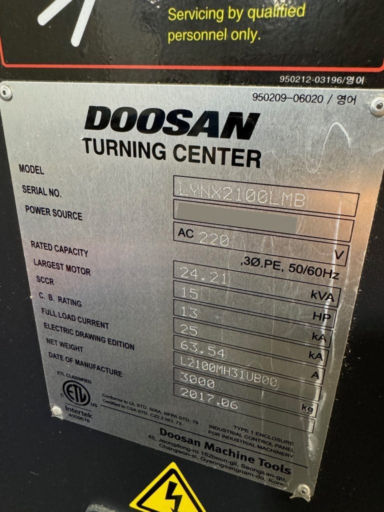 Used Doosan Lynx 2100LMB CNC Lathe For Sale