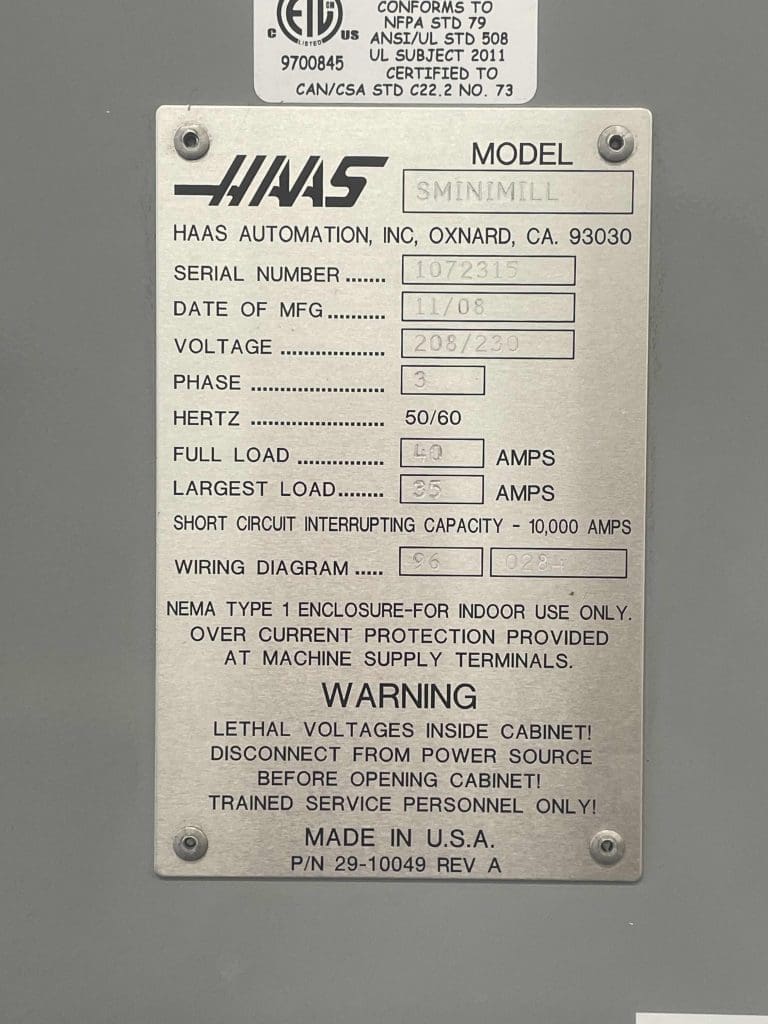 Used Haas Super Mini Mill CNC Vertical Machining Center For Sale