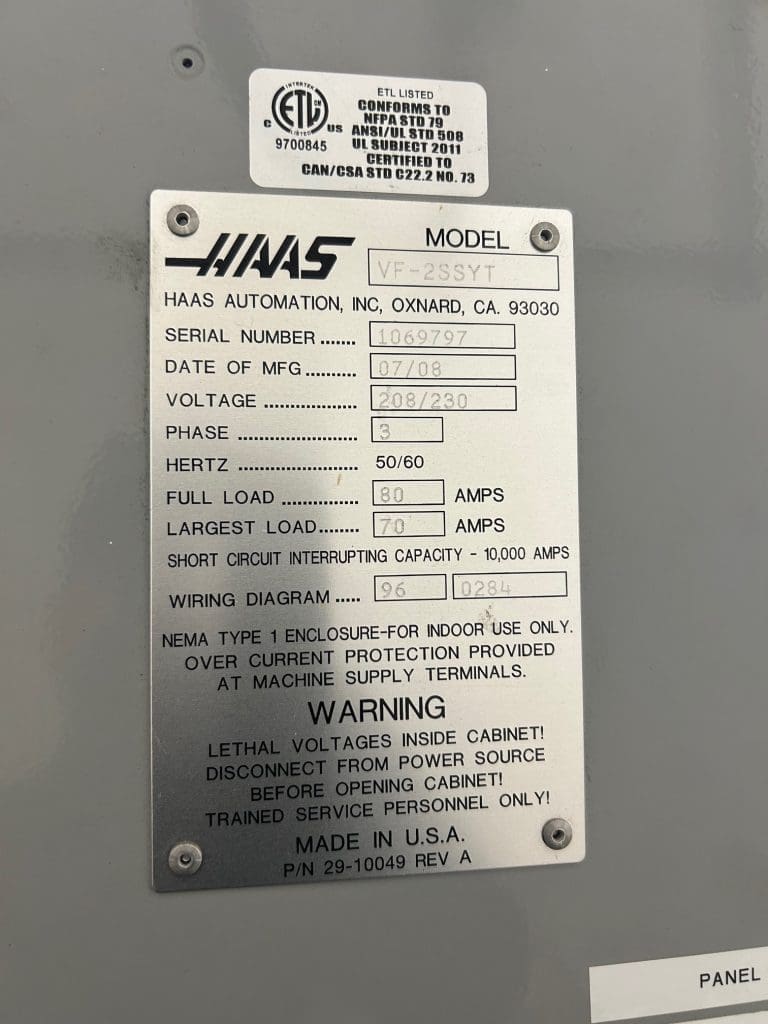 2008 Haas VF-2SSYT CNC Vertical Machining Center, photo 6 of 6