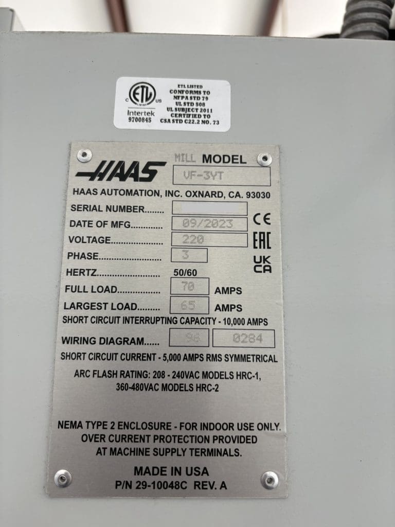 Used Haas VF-3YT CNC Vertical Machining Center For Sale